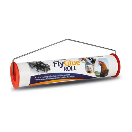 White and orange lodi digrain fly glue roll with metal handle and specially crafted surface for livestock fly control