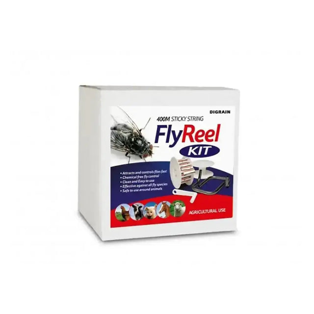 White cardboard box with lodi digrain fly reel kit and 400m sticky string for environmentally friendly fly control