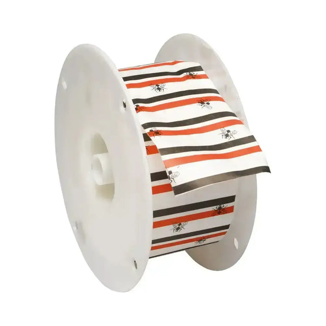 A roll of orange black and white striped adhesive tape with bee illustrations for lodi digrain fly reel refill