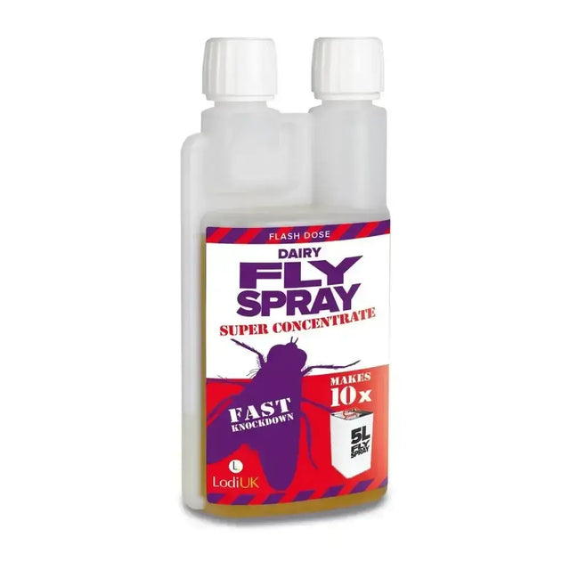 Clear plastic bottle with white cap labeled dairy fly spray super concentrate by lodiuk for lodi flash dose dairy use