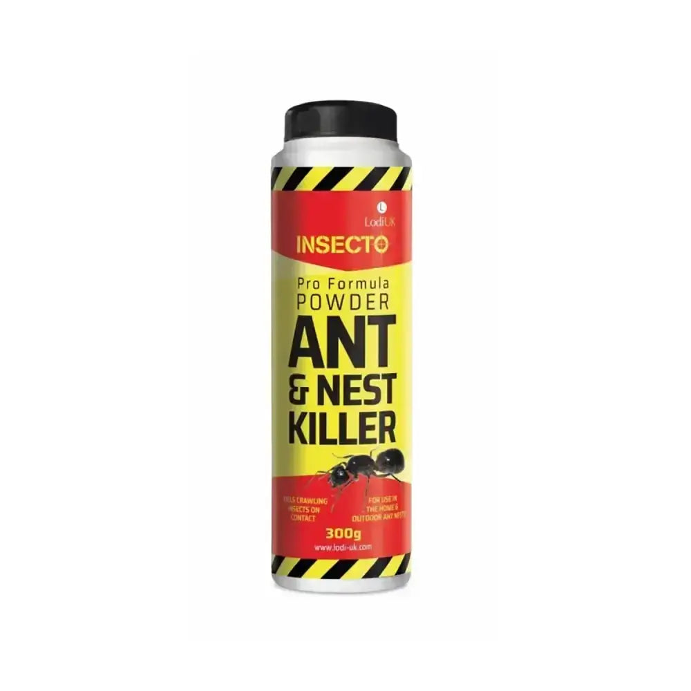 A cylindrical container of lodi insecto pro-formula nest killer powder with a bold red and yellow label and hazard stripes