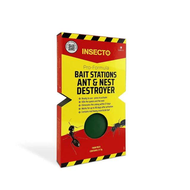 Red and yellow lodi insecto pro-formula bait stations ant and nest destroyer with black ant illustrations and green window