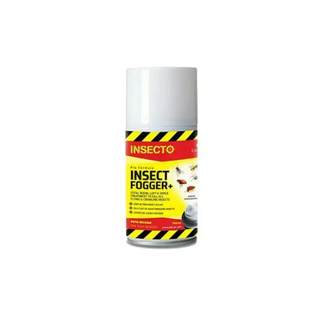 White aerosol can of lodi insecto pro-formula insect fogger plus with yellow black insect label and automatic release aerosol