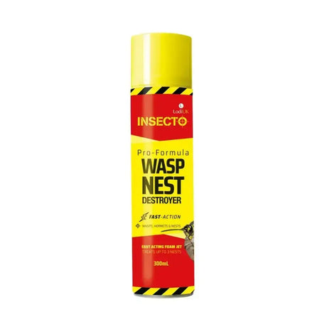 Yellow and red lodi insecto pro-formula wasp nest destroyer aerosol can with black and yellow hazard stripes