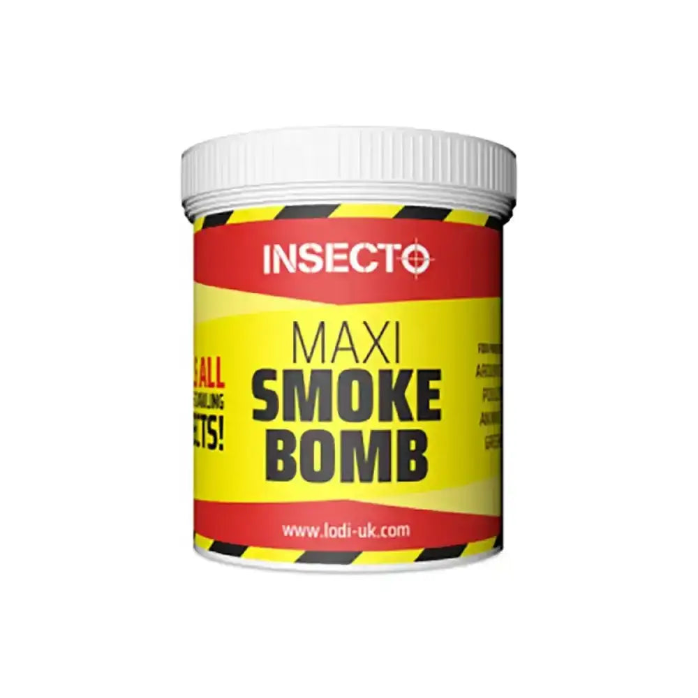 A bright yellow and red lodi insecto smoke cylindrical container with a white lid labeled insecto smoke bomb