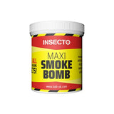 A bright yellow and red lodi insecto smoke cylindrical container with a white lid labeled insecto smoke bomb