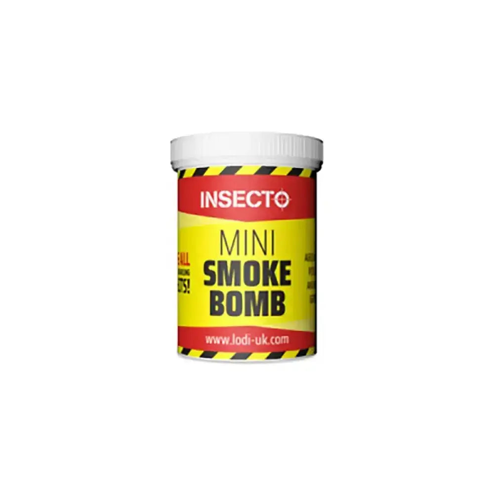 A white cylindrical container with red yellow label and black hazard stripes labeled insecto smoke bomb by lodi insecto smoke