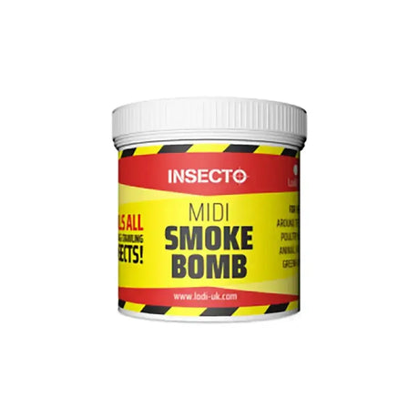 A white plastic container of lodi insecto smoke insecto smoke bomb with a yellow red label and black hazard stripes