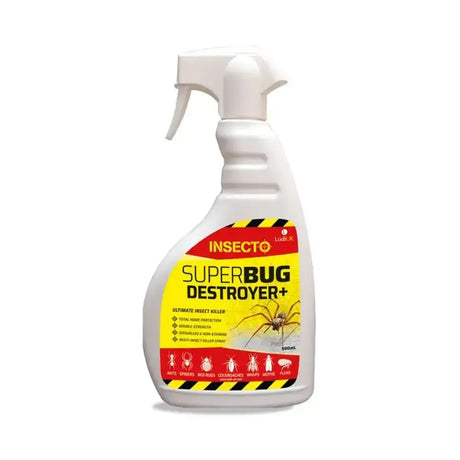 White plastic spray bottle of lodi insecto superbug destroyer plus with yellow and red label featuring a spider illustration
