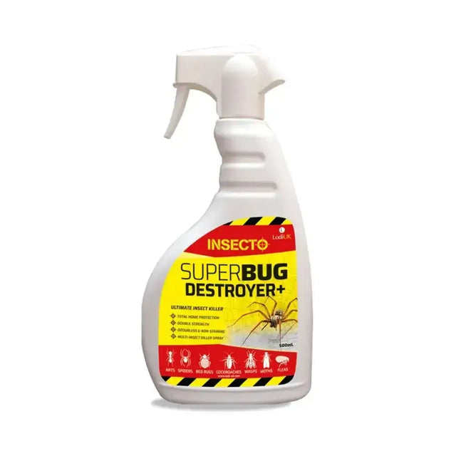 White plastic spray bottle of lodi insecto superbug destroyer plus with yellow and red label featuring a spider illustration