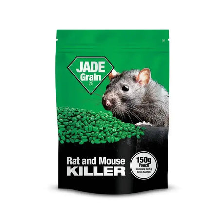 Green and black pouch of lodi jade grain 25 rat and mouse killer with feed active bromadiolone and gray rodent image