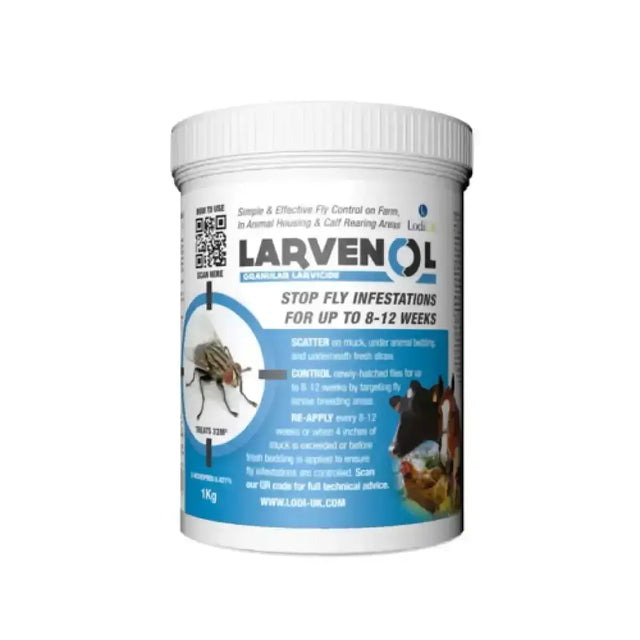 White cylindrical lodi larvenol container with blue black label insect growth regulator for fly control in livestock housing