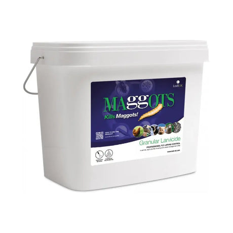 White plastic bucket with handle of lodi maggots granular fly larvicidal product labeled maggots kills maggots