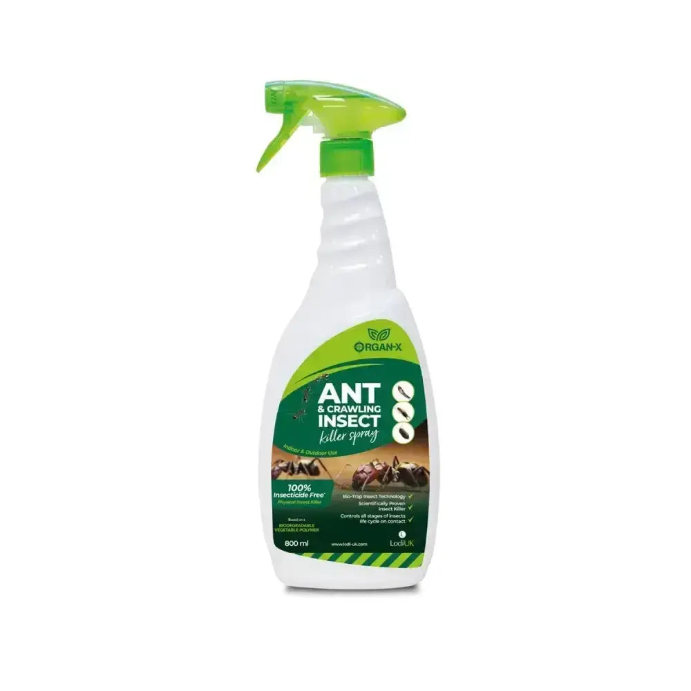 Green and white lodi organ-x ant spray bottle with green nozzle featuring bio-trap insect technology for crawling insect killer