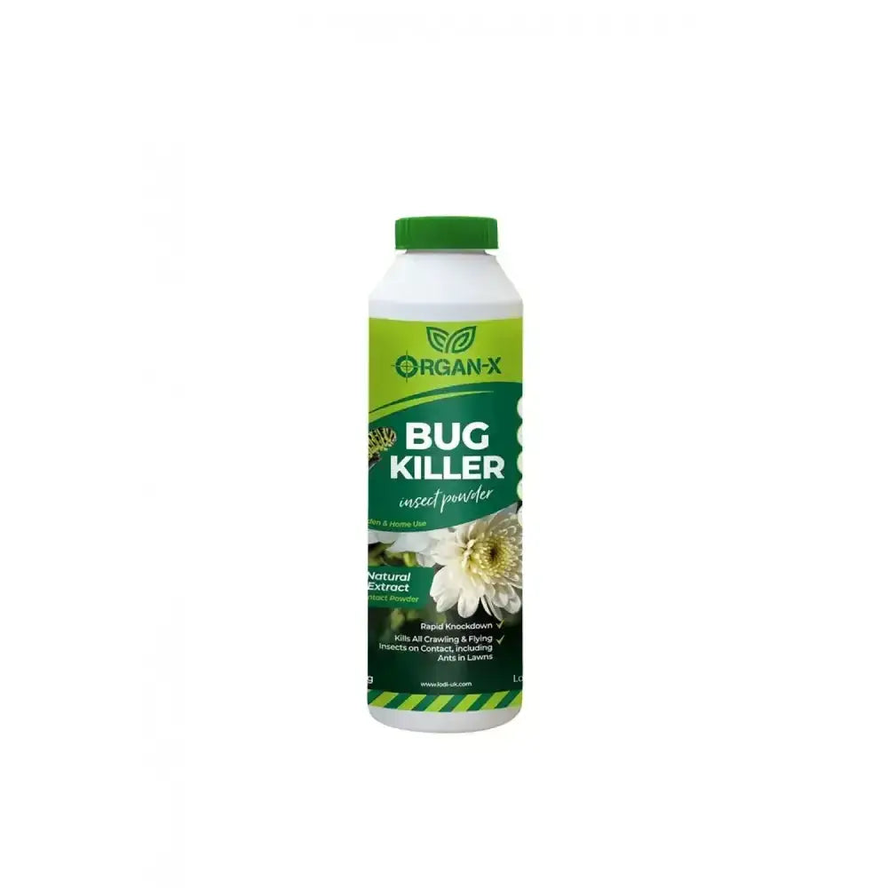 Green and white plastic bottle of lodi organ-x bug killer bug killer powder with a green cap for insect control