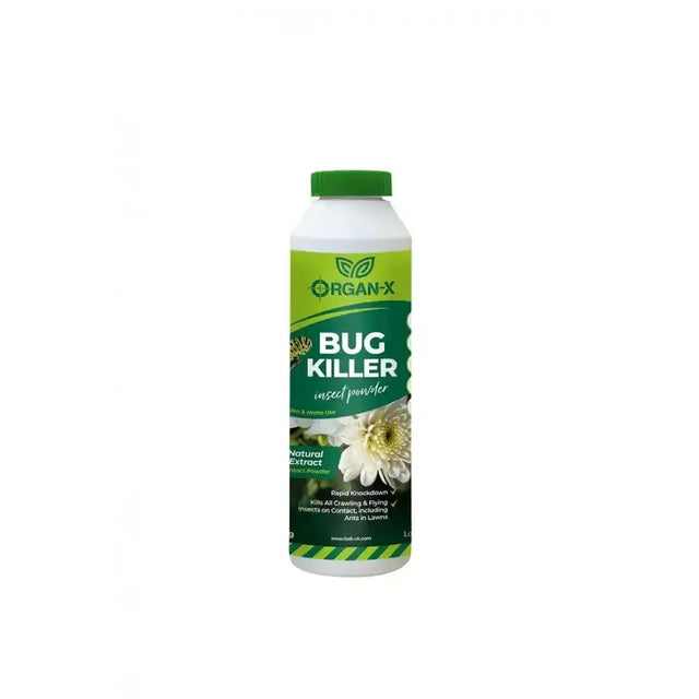 Green and white plastic bottle of lodi organ-x bug killer bug killer powder with a green cap for insect control
