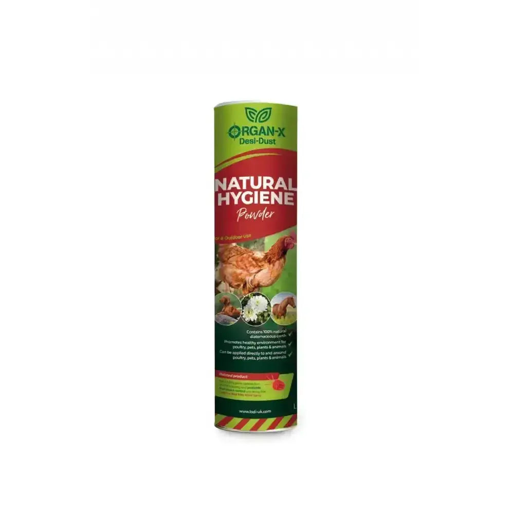 Lodi organ-x desi-dust natural hygiene powder in green and red container with poultry and plant images made of diatomaceous earth