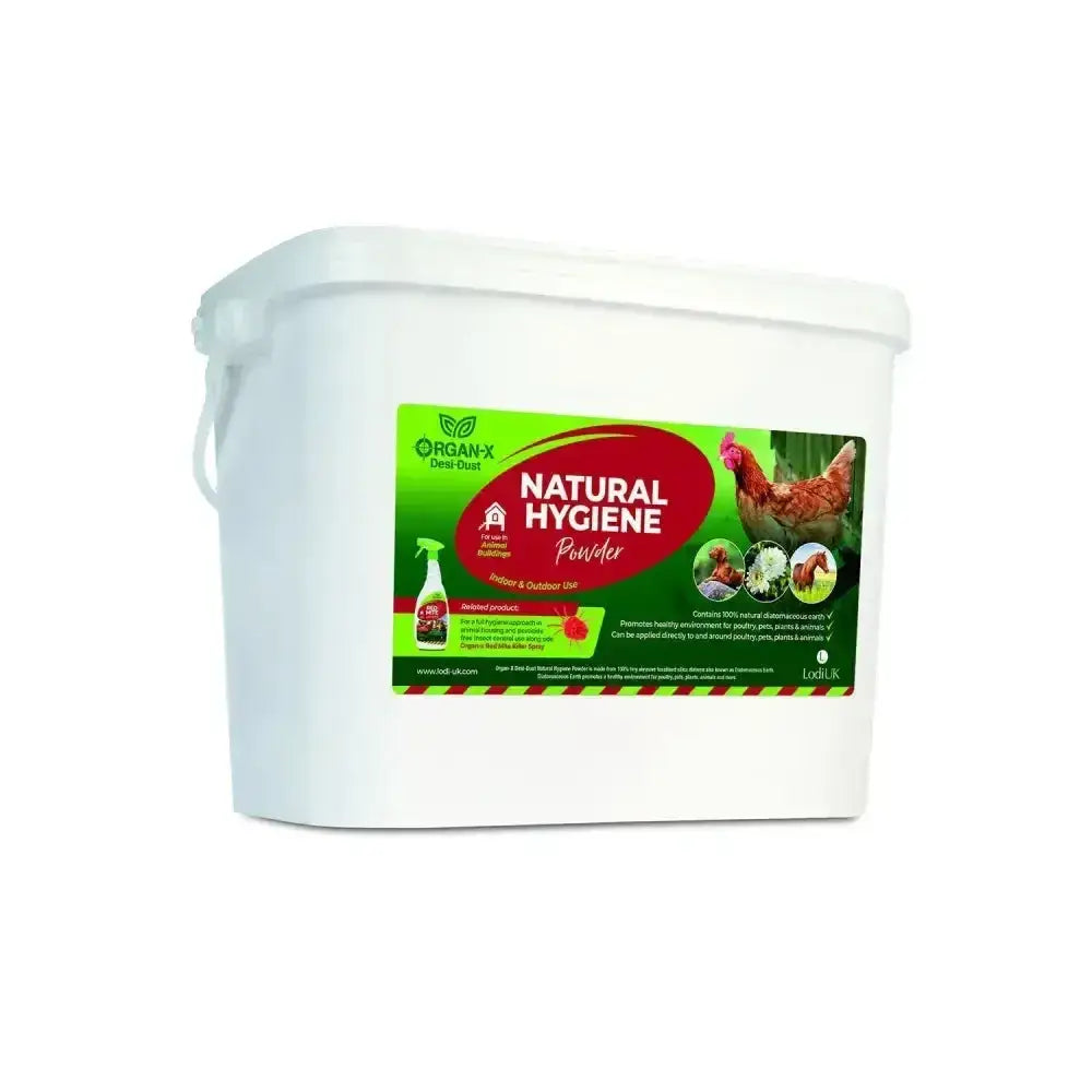 White plastic bucket of lodi organ-x desi-dust natural hygiene powder with diatomaceous earth and chicken images on label