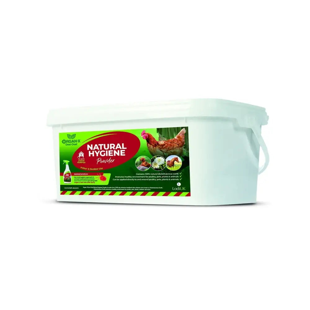 White plastic bucket of lodi organ-x desi-dust natural hygiene powder with diatomaceous earth and chicken label