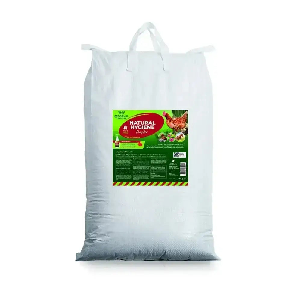 White bag of lodi organ-x desi-dust natural hygiene powder with green red label featuring a chicken and diatomaceous earth