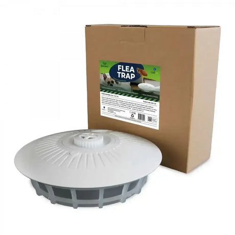 White plastic flea trap with circular ridged top and gray base for equestrian use in the Lodi Organ-X flea trap