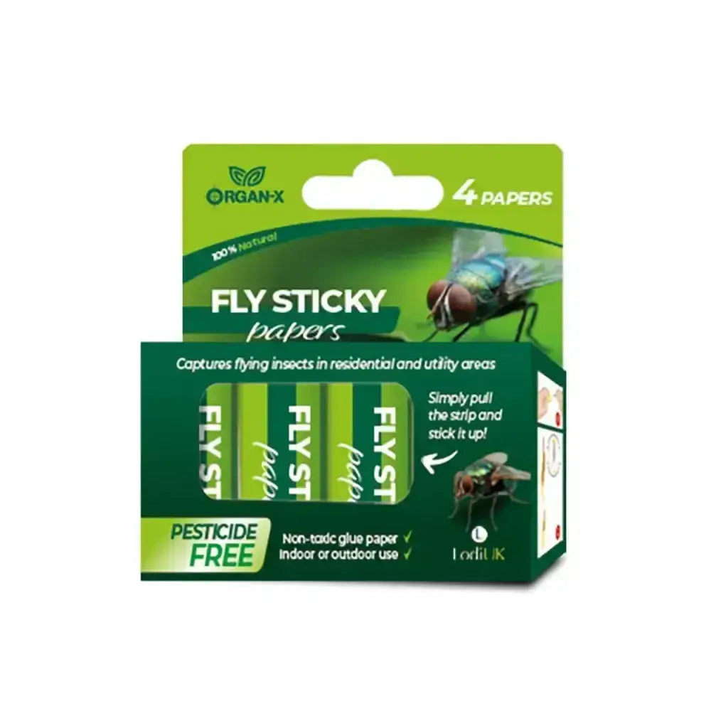 Green packaged lodi organ-x fly sticky papers with a fly image showing non-toxic trap for effective fly control