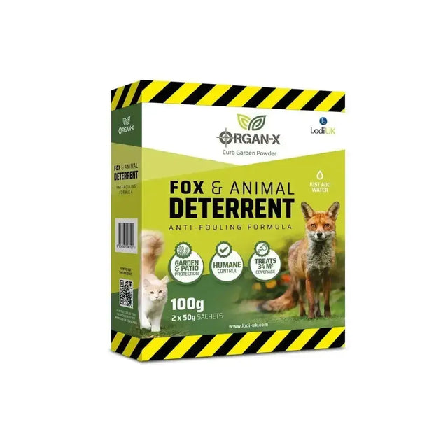 Green and yellow box of lodi organ-x fox & animal deterrent powder with black and yellow caution stripes