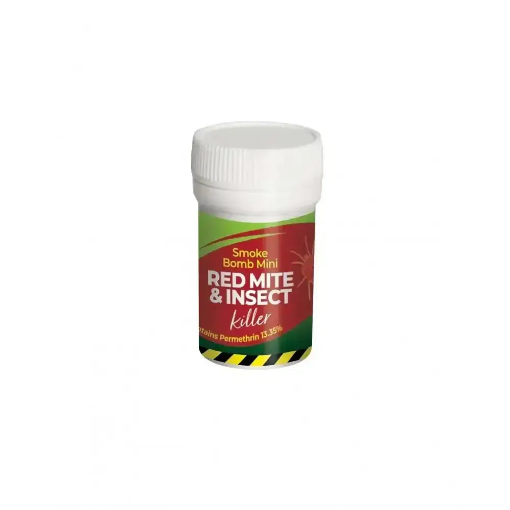 Red and green labeled lodi organ-x mini smoke red mite container with white plastic cap for insect killing
