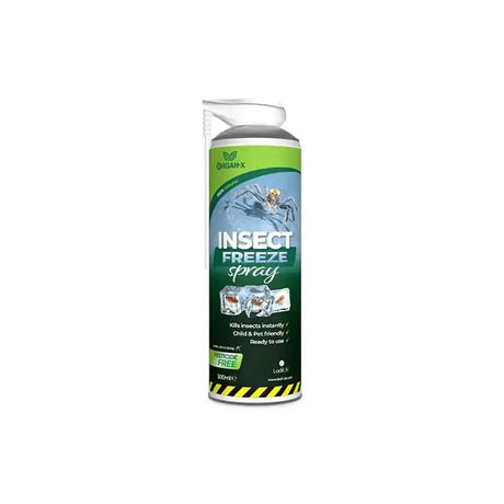 Green and white lodi organ-x pro insect freeze spray can with spider graphic for quick pest control freeze kills insects