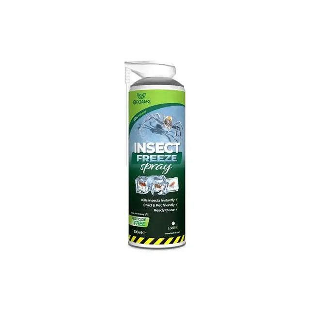 Green and white lodi organ-x pro insect freeze spray can with spider graphic for quick pest control freeze kills insects