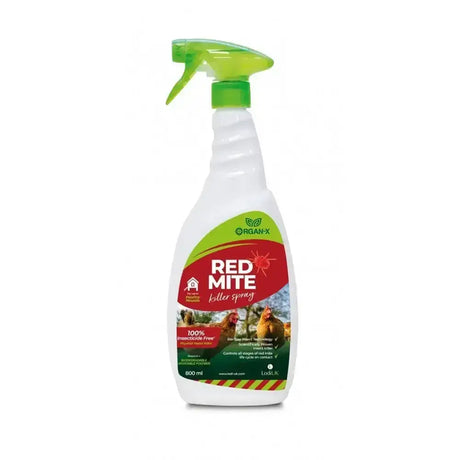 A white plastic spray bottle with green nozzle labeled lodi organ-x red mite killer spray using bio-trap insect technology