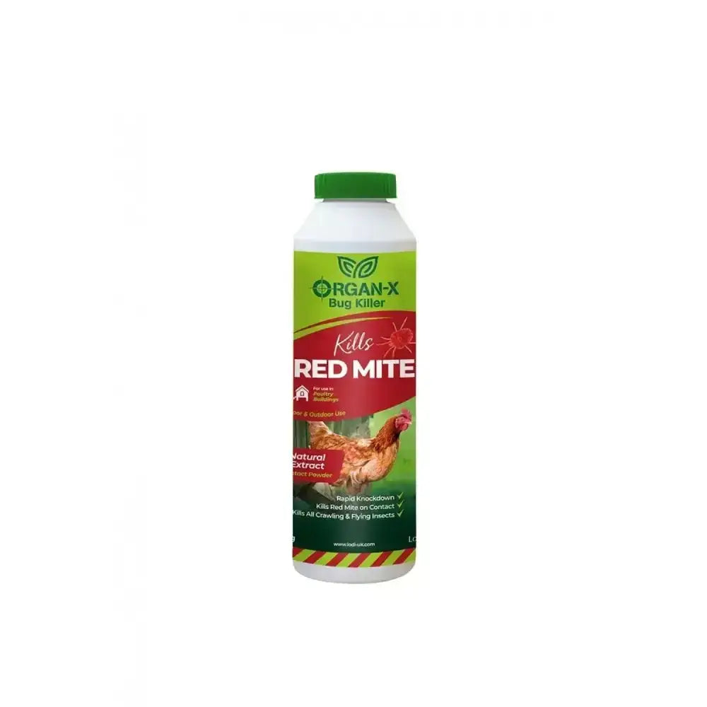 White bottle of lodi organ-x red mite powder with green cap and label for killing red mite bugs