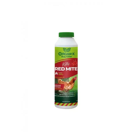 White bottle of lodi organ-x red mite powder with green cap and label for killing red mite bugs