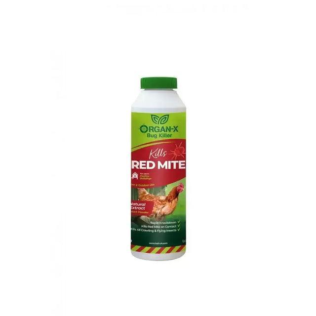 White bottle of lodi organ-x red mite powder with green cap and label for killing red mite bugs