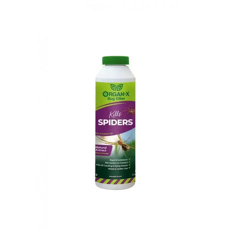 Organ-x spider killer spray bottle with green cap and purple lime green label made from natural chrysanthemum flowers