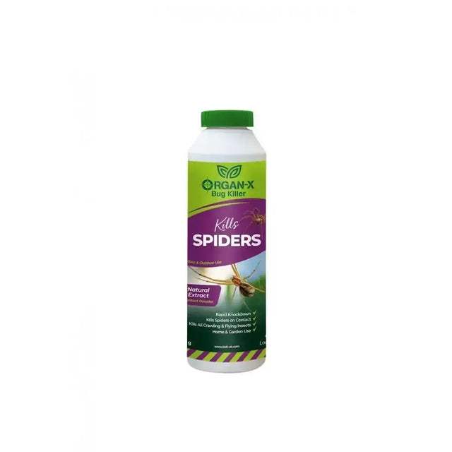 Organ-x spider killer spray bottle with green cap and purple lime green label made from natural chrysanthemum flowers