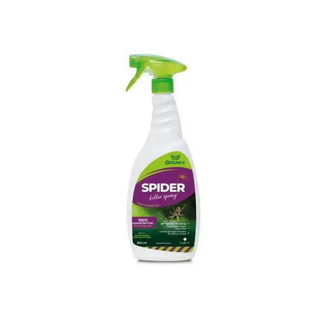 A white lodi organ-x spider killer spray bottle with green trigger nozzle physically entrapping spiders using biodegradable vegetable formula