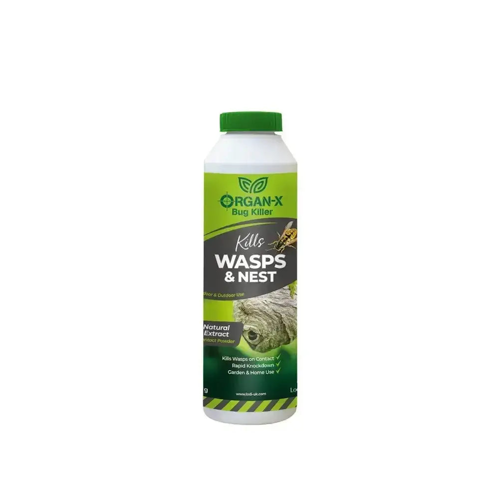 Green and white plastic bottle of lodi organ-x wasps nest killer powder with killer powder pyrethrum for wasps and nests