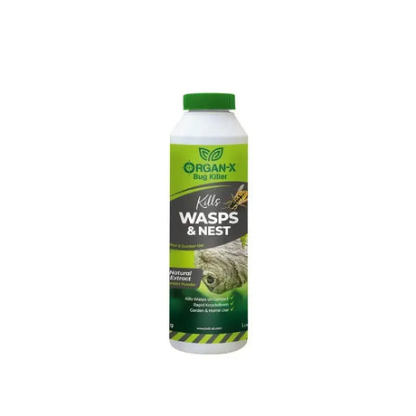 Green and white plastic bottle of lodi organ-x wasps nest killer powder with killer powder pyrethrum for wasps and nests