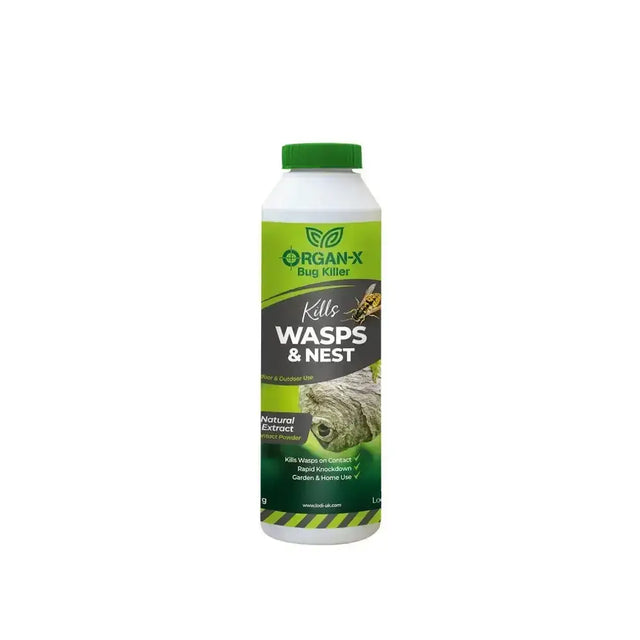 Green and white plastic bottle of lodi organ-x wasps nest killer powder with killer powder pyrethrum for wasps and nests