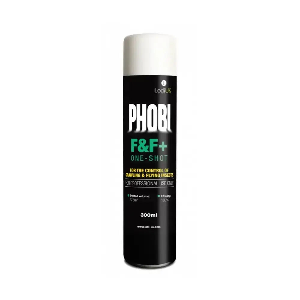 Black lodi phobi f&f+ one shot automatic release aerosol can with white cap for crawling and flying insects control