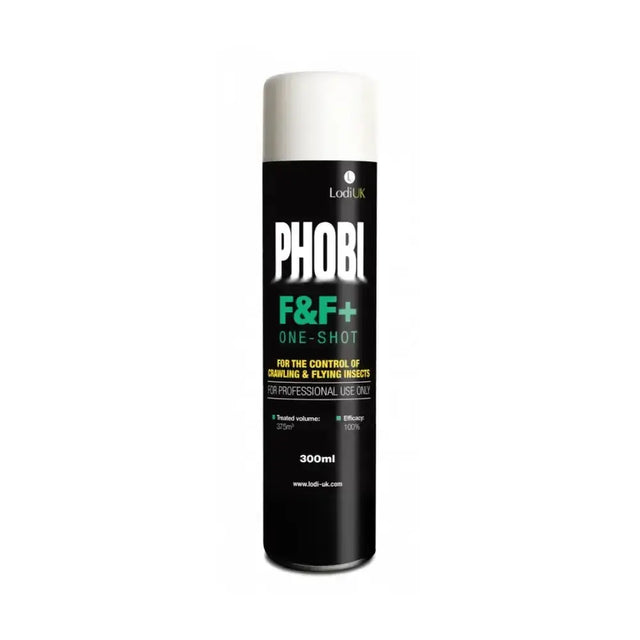 Black lodi phobi f&f+ one shot automatic release aerosol can with white cap for crawling and flying insects control