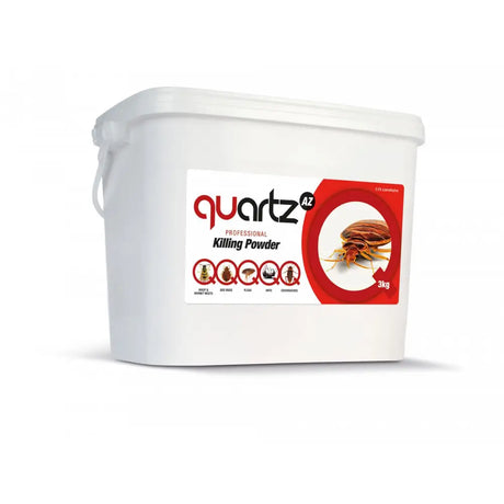 White plastic container of lodi quartz 3kg pest control powder with red white bed bug label for equestrian use
