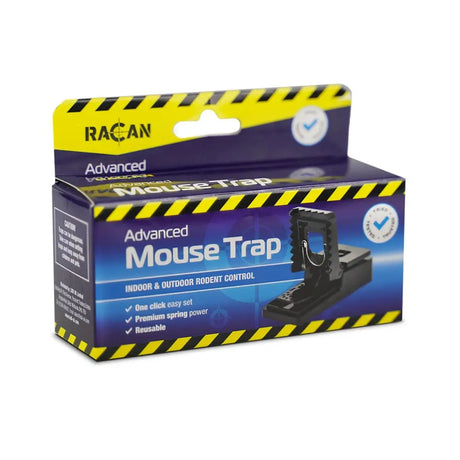 Black plastic lodi racan advanced mouse trap with yellow and black caution stripes on packaging for pest control