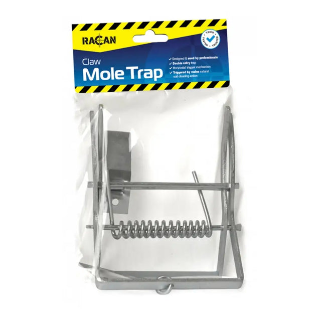 Lodi racan claw metal mole trap with spring-loaded mechanism and double entry trip for successful racan claw mole control