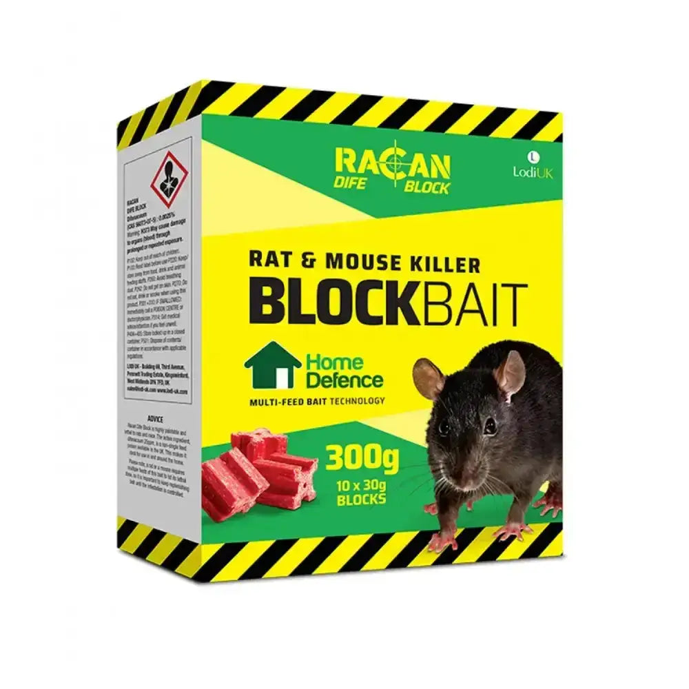 Yellow and green box of lodi racan dife block rat and mouse killer bait blocks safely secured for pest control