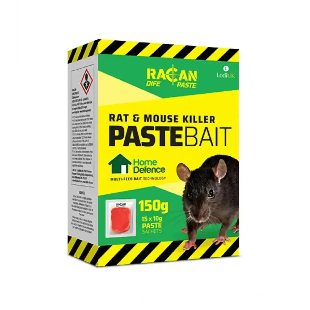 Bright yellow and green box of lodi racan dife paste sachets with black rat image and hazard stripes on packaging