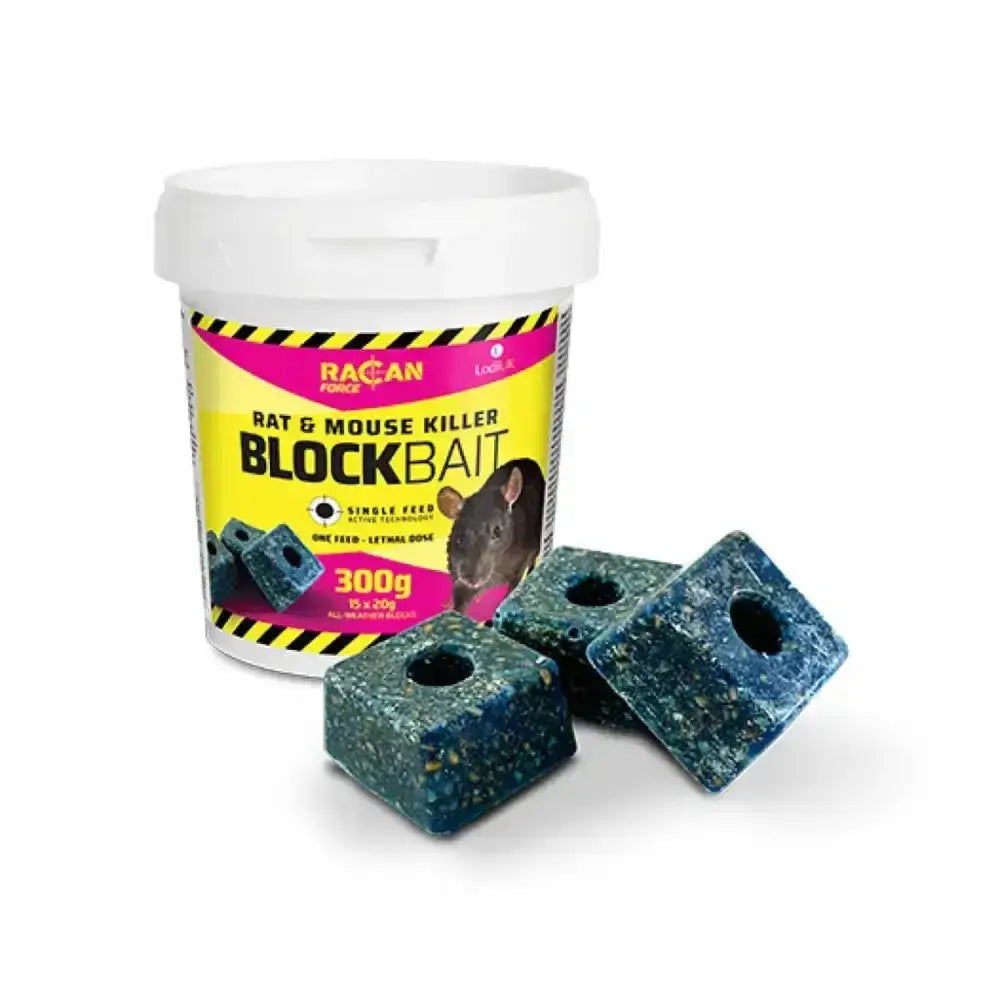 Blue green speckled square rat and mouse killer bait blocks with a hole for lodi racan force tamper resistant bait stations