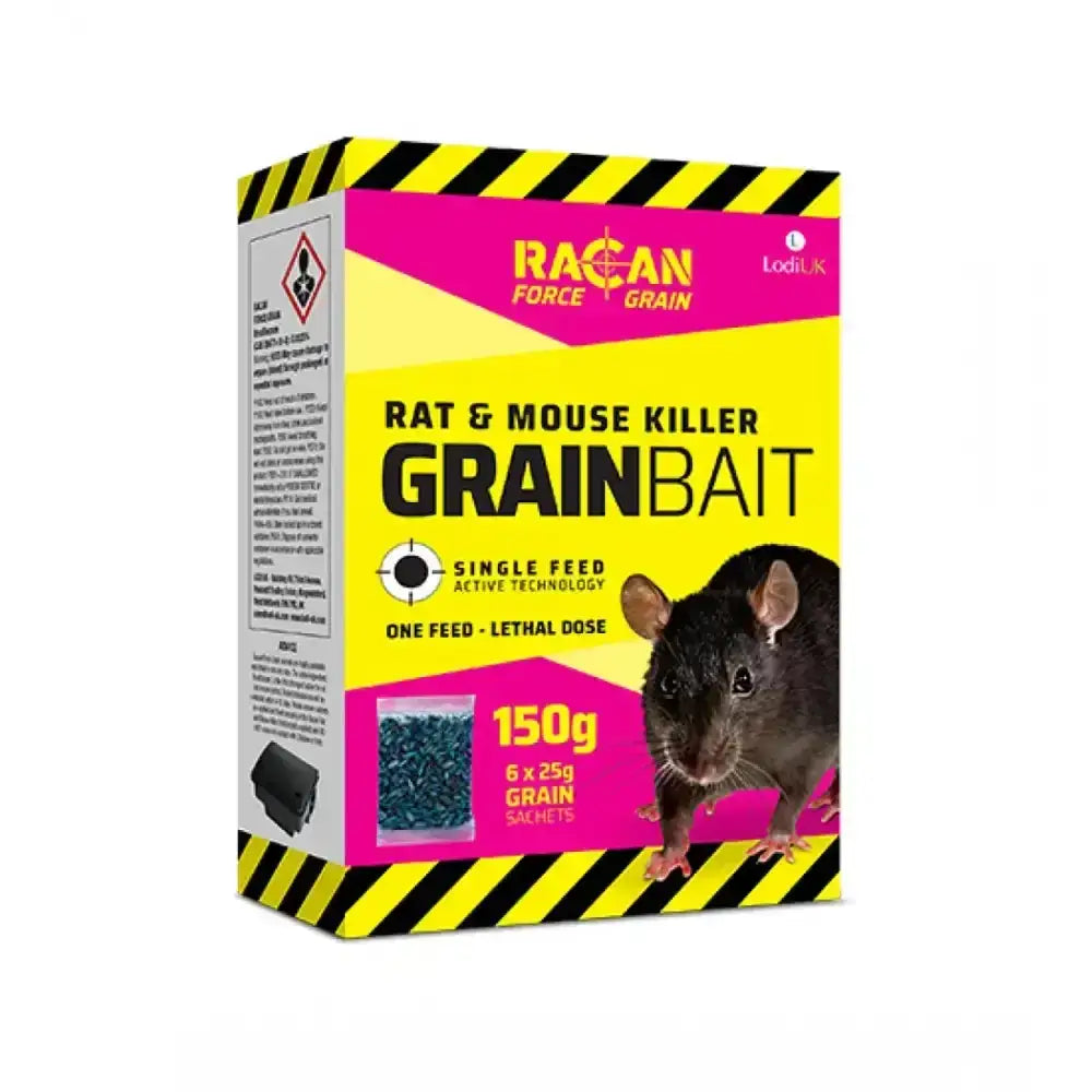 Bright yellow and pink box of lodi racan force grain sachets with black rodent image and hazard stripes for rat and mouse killer bait