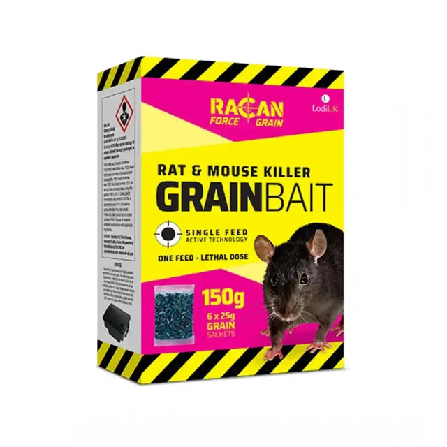 Bright yellow and pink box of lodi racan force grain sachets with black rodent image and hazard stripes for rat and mouse killer bait